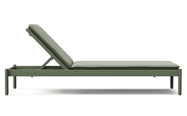 A contemporary chaise lounge with a powder-coated metal frame and a thick upholstered cushion. The chaise features an adjustable backrest, allowing for multiple reclining positions. The frame is a dark olive green, and the cushion is a light sage green fabric with a contrasting dark grey piping along the edge. It is designed for outdoor use, indicated by the material and construction. — 3D model