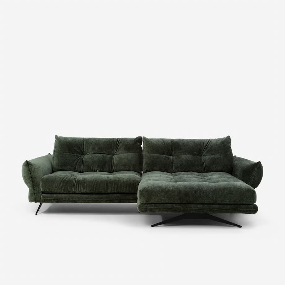 A modern sectional sofa upholstered in a textured dark green fabric. The sofa features deep tufting on the back cushions and seat cushions, creating a grid pattern. It has a chaise lounge on the right side and is supported by slender black metal legs with a distinctive angled design on the left, and a single sculptural metal base on the right. The armrests are wide and rounded. — 3D model