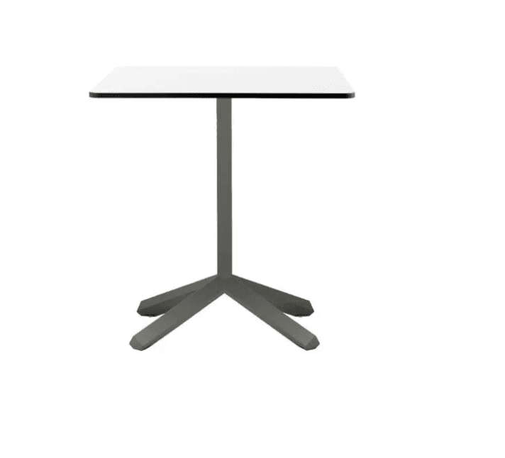 A modern square-top table with a central pedestal base featuring a four-pronged starburst design. — 3D model