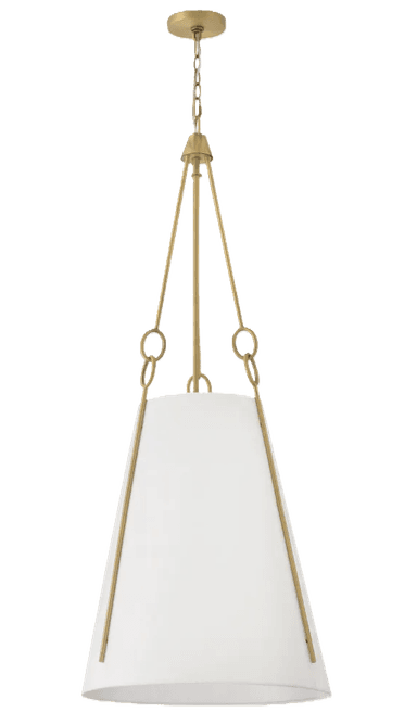 A sophisticated pendant light featuring a wide, tapering conical fabric shade suspended by an elegant brass-finished metal frame. The fixture hangs from a chain connected to a round ceiling canopy. Three slender rods extend from the central support to the upper rim of the shade, each attached via a decorative ring accent. The shade appears to be off-white or cream-colored, diffusing light to create an ambient glow, making it suitable for various interior settings. — 3D model