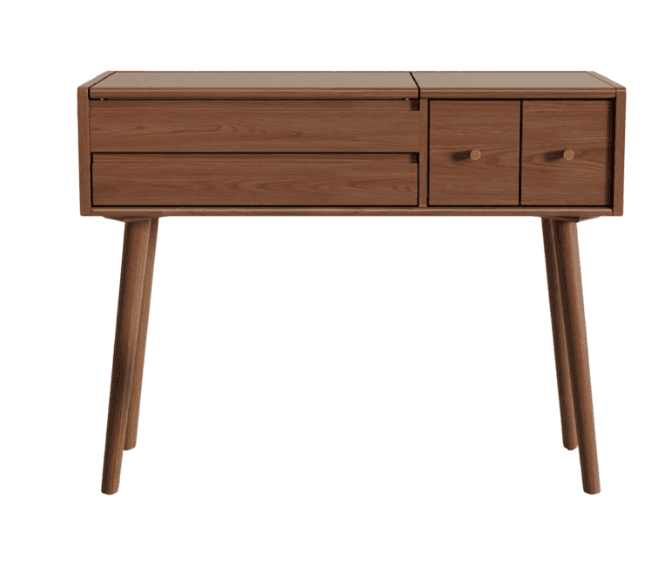 A narrow console table with a rectangular top and four tapered legs. The front features two drawers on the left side and two cabinet doors on the right side. The drawers have a wood grain finish, and the cabinet doors have round, brass-colored knobs. The legs are angled outwards. — 3D model