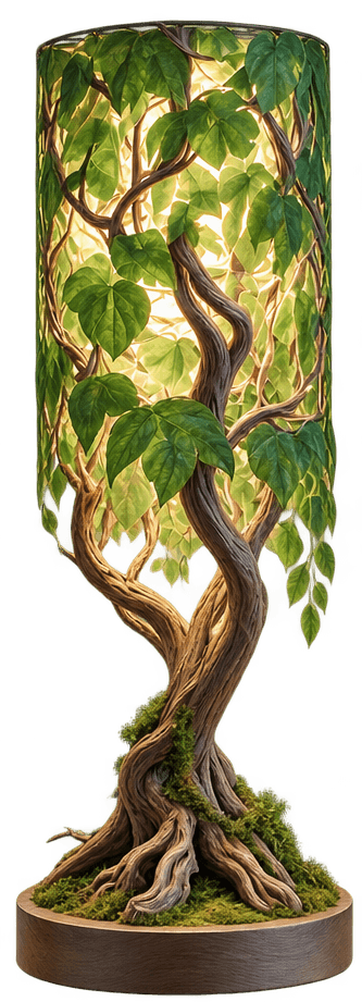 A highly decorative table lamp featuring a sculptural base resembling a gnarled tree trunk with roots, surrounded by green moss, set on a round dark wooden plinth. The upper section forms a cylindrical shade adorned with twisting vines and vibrant green leaves, illuminated from within to create a glowing botanical effect. — 3D model
