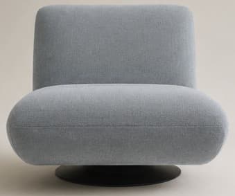 A contemporary armless swivel lounge chair upholstered in a light blue-gray fabric, featuring a low profile and a comfortable, rounded form resting on a black circular swivel base. — 3D model