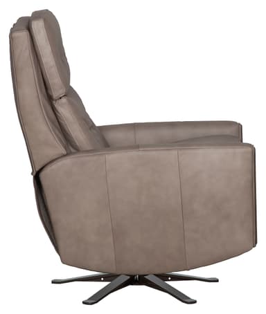 A modern swivel recliner upholstered in taupe-colored leather. The chair features tufted back cushions and seat, with padded armrests. It has distinct wooden accents on the sides of the armrests. The base is a dark-colored, star-shaped swivel mechanism. — 3D model