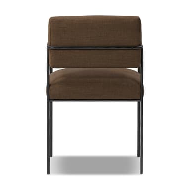 A modern dining armchair featuring a brown upholstered seat and backrest, supported by a sleek black metal frame that extends to form open armrests and legs. The design is minimalist and contemporary. — 3D model