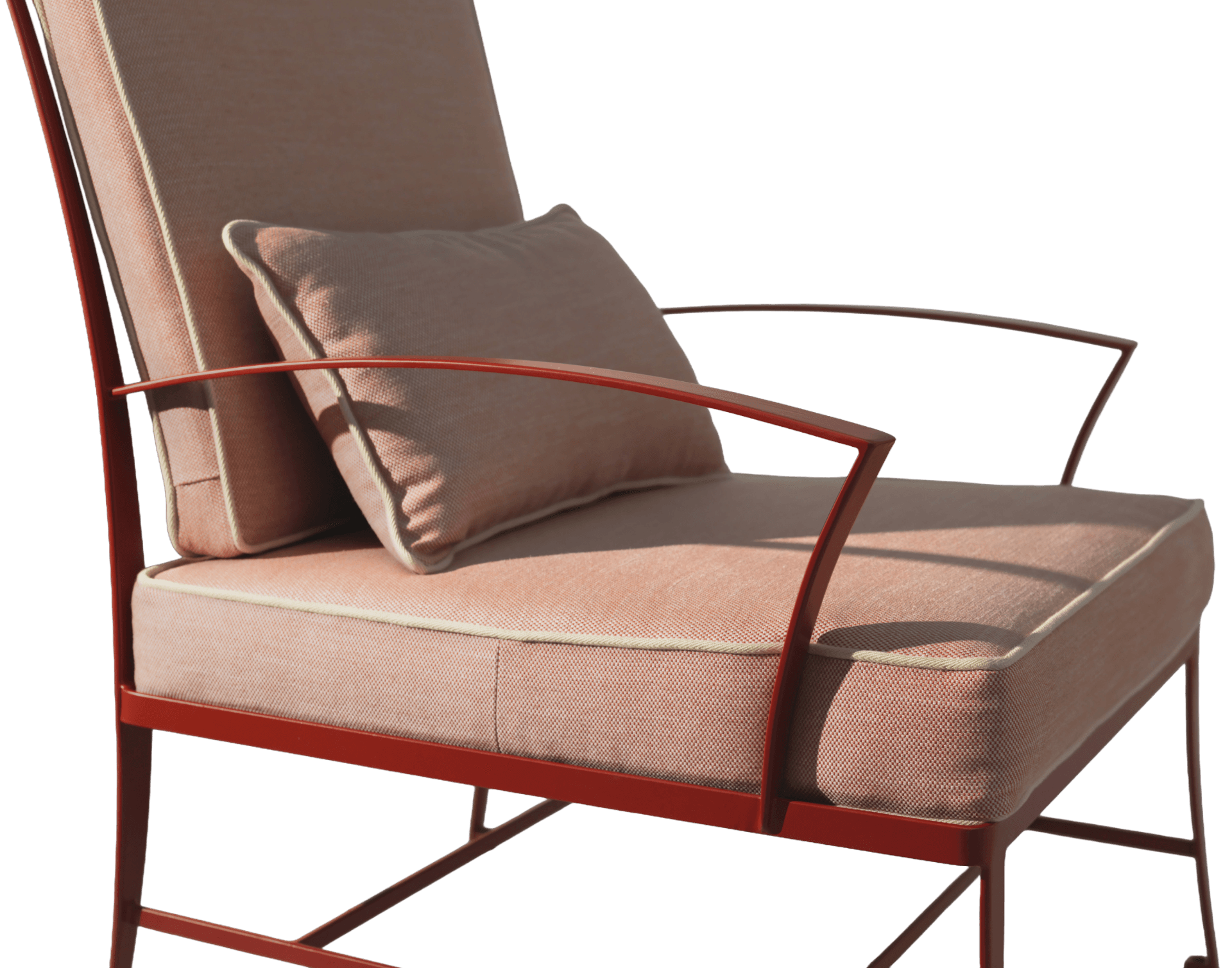 An armchair with a slender metal frame and upholstered cushions. The frame is made of thin, bent metal tubes in a reddish-brown hue. The seat, backrest, and a small decorative pillow are covered in a textured, light pinkish-brown fabric with a subtle woven pattern. The cushions are outlined with a thin, cream-colored piping. The armchair has a modern, minimalist design. — 3D model