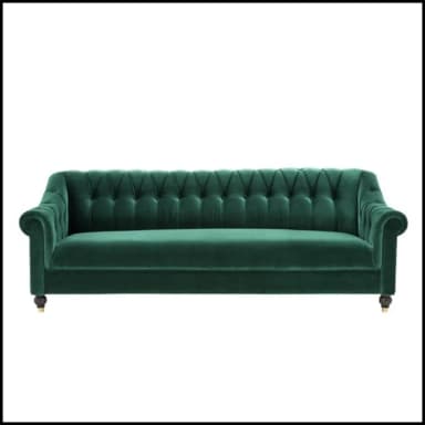 A velvet upholstered sofa with deep button tufting along the back and arms. The sofa features rolled arms and sits on short, decorative wooden legs with brass accents. The back is tufted and curves slightly outwards. The color is a rich emerald green. — 3D model