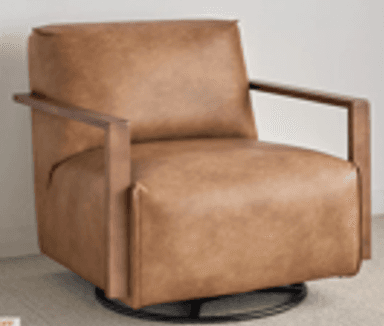 A swivel armchair upholstered in brown leather with a wooden frame and a circular black metal base. The armchair features a contemporary design with clean lines and squared armrests. — 3D model