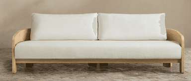 A two-seater loveseat featuring a distinct exposed wooden frame made of light-toned oak. It is upholstered with off-white fabric cushions for both the seat and back, providing a minimalist and contemporary aesthetic. The armrests are integrated into the curved wooden frame, presenting a clean, open design. — 3D model