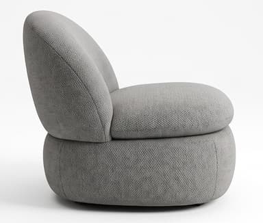 A contemporary, armless lounge chair with a rounded, sculptural silhouette, entirely upholstered in a textured, medium-grey boucle fabric. — 3D model