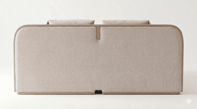 The image displays the rear view of a modern two-seater sofa, characterized by a clean, minimalist design. It features an upholstered back panel in a light, neutral-toned fabric, possibly a textured linen or boucle, encased within a rounded light-colored wooden frame. Two plush back cushions, also in a light neutral shade, are visible peeking over the top edge. A vertical wooden element is integrated into the center of the back, creating a subtle division. The sofa's base also features a matching wooden trim, suggesting a unified design aesthetic. — 3D model