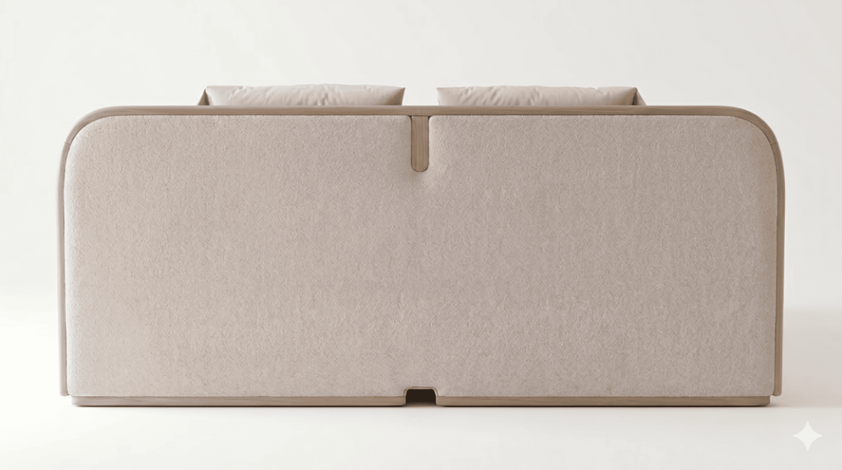 The image displays the rear view of a modern two-seater sofa, characterized by a clean, minimalist design. It features an upholstered back panel in a light, neutral-toned fabric, possibly a textured linen or boucle, encased within a rounded light-colored wooden frame. Two plush back cushions, also in a light neutral shade, are visible peeking over the top edge. A vertical wooden element is integrated into the center of the back, creating a subtle division. The sofa's base also features a matching wooden trim, suggesting a unified design aesthetic. — 3D model