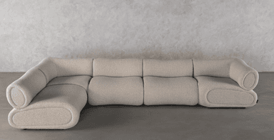 A modern, off-white bouclé fabric sectional sofa composed of multiple modules. It features rounded, soft edges and a low-profile design, creating a plush and inviting appearance. The individual sections include armless units, a corner unit, and an end unit with a distinctive rolled armrest. The upholstery has a textured, looped surface, contributing to its contemporary aesthetic. — 3D model