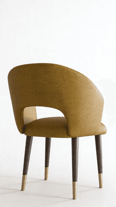 A modern accent chair with a curved backrest and seat, featuring vertical tufting on the back. The chair has four tapered wooden legs that are capped with brass-colored ferrules at the base. — 3D model