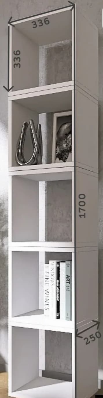 A tall, narrow, white shelving unit with five open cubby compartments, designed for vertical storage and display. — 3D model