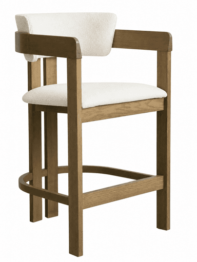 A contemporary bar stool featuring a light-colored wooden frame with integrated armrests and upholstered seat and backrest in a light-toned textured fabric. It has a sturdy four-legged base with a curved footrest. — 3D model