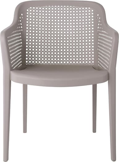 A light grey or beige plastic armchair featuring a backrest molded to resemble a cane woven pattern. The chair has a solid frame with integrated armrests and four tapered legs. The design suggests it is suitable for indoor or outdoor use and is likely stackable for storage. — 3D model