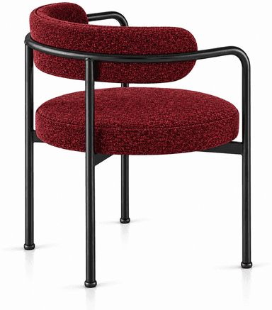 A modern armchair featuring a minimalist black metal frame with a distinct textured red upholstered seat and backrest. The design is contemporary, emphasizing clean lines and a comfortable, rounded form for the cushioning elements. — 3D model