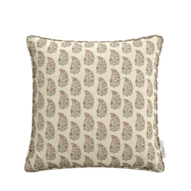 A square throw pillow featuring a repeated stylized floral or paisley-like pattern in muted pink and greenish-brown tones on an off-white or cream-colored fabric. The pillow has piped edges in a coordinating color. — 3D model