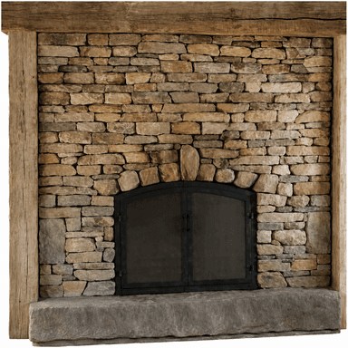 A rustic fireplace assembly featuring a facade of stacked natural stones, framed by rough-hewn timber posts and topped with a substantial timber mantel. It includes an arched, dark metal fire screen and a solid stone hearth. — 3D model
