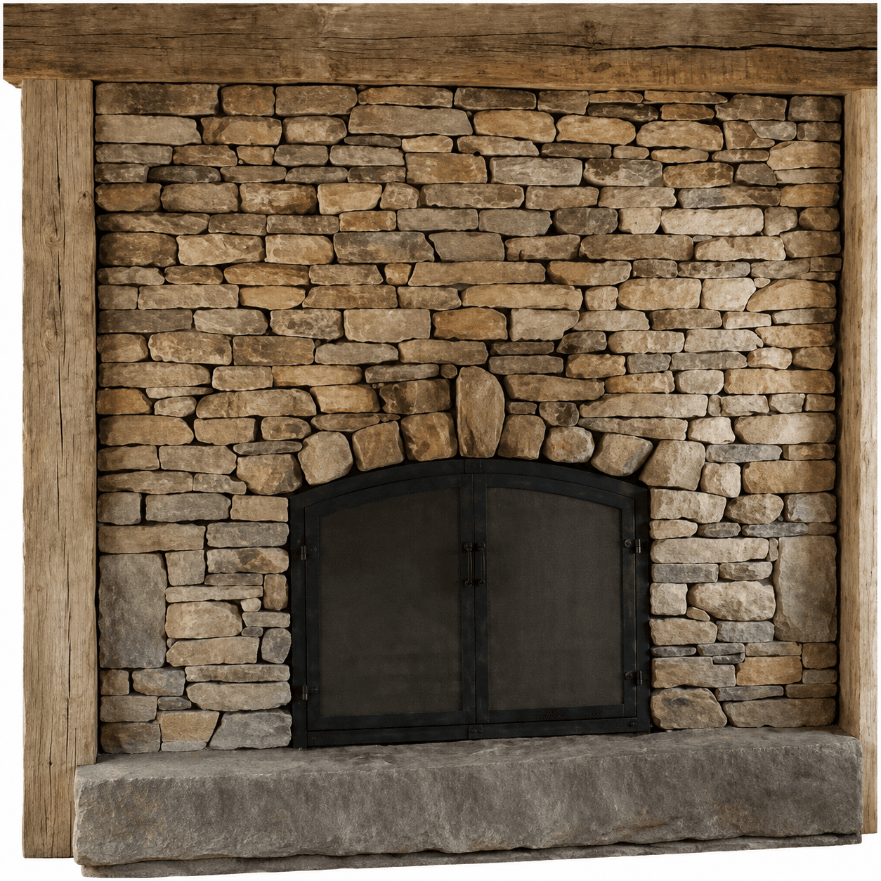 A rustic fireplace assembly featuring a facade of stacked natural stones, framed by rough-hewn timber posts and topped with a substantial timber mantel. It includes an arched, dark metal fire screen and a solid stone hearth. — 3D model