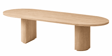An oval coffee table crafted from light natural oak wood, featuring a smooth, elongated top supported by two substantial U-shaped pedestal bases with fluted exterior surfaces. — 3D model