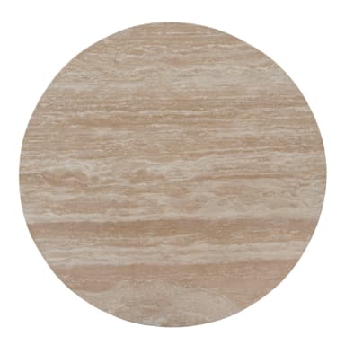 A round coffee table with a thick, light-colored stone top and a solid wooden base. The base features a cross-shaped pedestal with curved, rectangular supports that connect to the underside of the tabletop. — 3D model