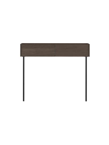 A minimalist console table featuring a dark wood-grain top and two integrated drawers, supported by slender black metal legs. The design is sleek and contemporary. — 3D model