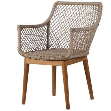 A contemporary armchair featuring a natural wood frame with a woven rope seat, back, and armrests. The chair has a light brown woven material in an open grid pattern, forming the contoured backrest and integrated arms. The base consists of four tapered, light-colored wooden legs. The design suggests suitability for both indoor dining or accent use. — 3D model