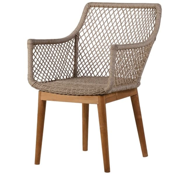A contemporary armchair featuring a natural wood frame with a woven rope seat, back, and armrests. The chair has a light brown woven material in an open grid pattern, forming the contoured backrest and integrated arms. The base consists of four tapered, light-colored wooden legs. The design suggests suitability for both indoor dining or accent use. — 3D model