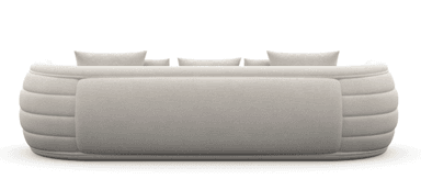 A cream-colored sofa with a curved back and arms. It features five matching throw pillows on the backrest and a plush seat cushion. The arms have a rounded, segmented design with decorative spherical accents made of glass-like material and polished metal trim. The sofa is supported by slender, angled legs. — 3D model