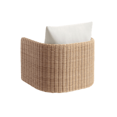 A plush armchair with a woven wicker base and frame, featuring thick, cream-colored cushions for the seat and back. The armchair appears to have a swivel base. — 3D model