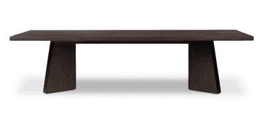 A rectangular dining table crafted from dark-stained wood, featuring a thick tabletop supported by two robust, trapezoidal pedestal bases. The design is contemporary and minimalist. — 3D model