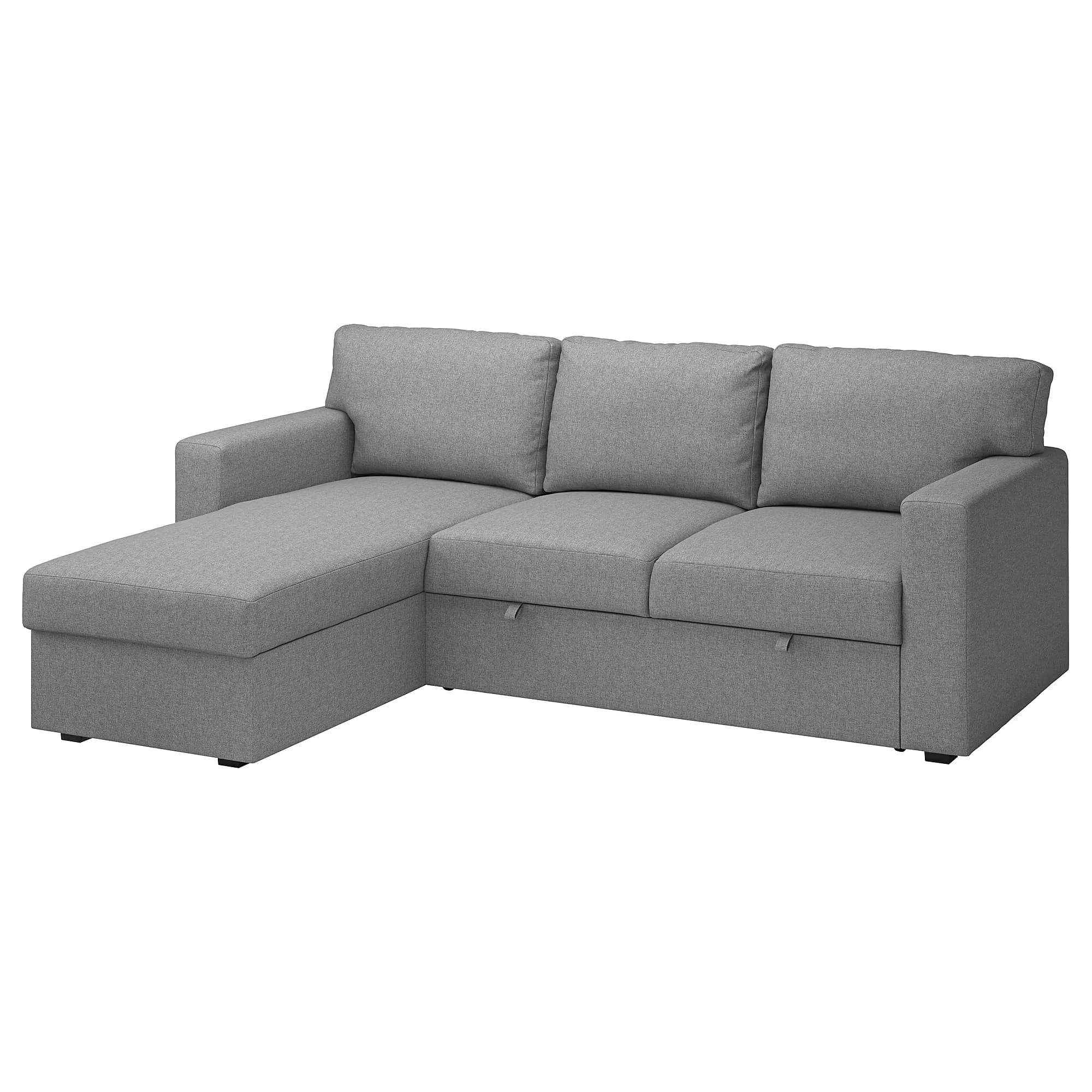 A sectional sofa with a chaise lounge. The sofa is upholstered in a textured grey fabric and features three back cushions and a seat cushion. The chaise section has a pull-tab visible, suggesting it may offer storage or convert into a bed. The armrest on the right side is a straight, squared-off design. The overall design is contemporary and functional. — 3D model