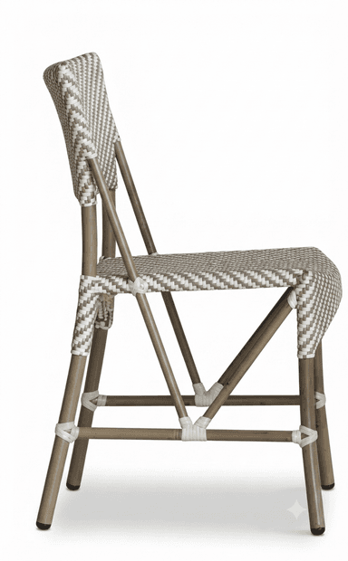 A bistro-style side chair featuring a frame designed to mimic bamboo, and a seat and backrest woven from synthetic rattan in a two-tone checkered pattern. The chair has a gently curved back for ergonomic support. — 3D model