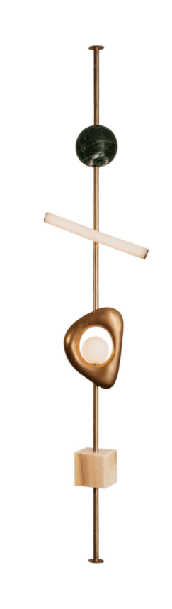 An abstract pendant light fixture featuring a central vertical brass rod from which various decorative and functional elements are suspended. These elements include a dark green marble sphere, a horizontally oriented frosted cylindrical light tube, an organic-shaped golden brass frame encompassing a spherical light, and a square block of light-colored, possibly alabaster or onyx, stone. — 3D model