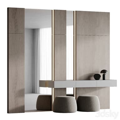 A contemporary wall-mounted dressing table set featuring light wood-grain panels. The setup includes integrated mirrors with vertical LED lighting strips, a minimalist floating white shelf serving as the main surface, and two accompanying rounded, gray upholstered stools. A small black mushroom lamp and a decorative bowl are placed on the shelf. — 3D model
