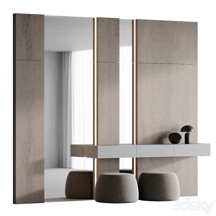 A contemporary wall-mounted dressing table set featuring light wood-grain panels. The setup includes integrated mirrors with vertical LED lighting strips, a minimalist floating white shelf serving as the main surface, and two accompanying rounded, gray upholstered stools. A small black mushroom lamp and a decorative bowl are placed on the shelf. — 3D model