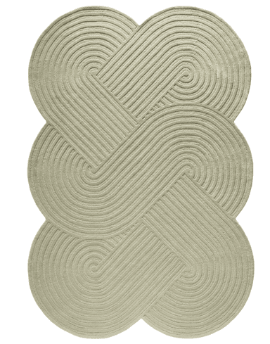 An overhead shot of a light sage green rug featuring an intricate, continuous braided design. The pattern consists of thick, cord-like strands forming elaborate interlocking loops and concentric curved lines, creating a textured surface and an organic, scalloped edge. — 3D model