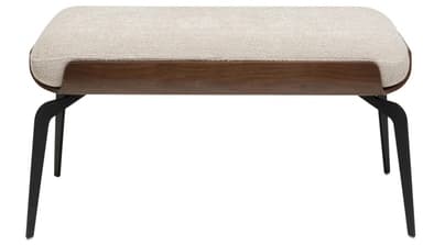 An elongated contemporary bench featuring an upholstered seat nestled within a curved wooden shell, supported by four splayed black metal legs. — 3D model