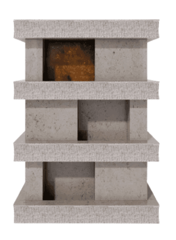 A modern fireplace structure with a rectilinear design. It features stacked horizontal slabs with recessed openings. One opening reveals a dark, textured interior with amber or orange hues, suggesting a firebox or decorative element. The main body appears to be constructed from a textured, stone-like material. — 3D model