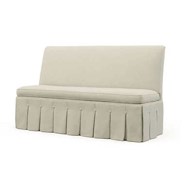 A cream-colored bench with a high back and a skirted base featuring inverted pleats and decorative buttons. The bench has a cushioned seat and backrest, upholstered in a textured fabric. — 3D model