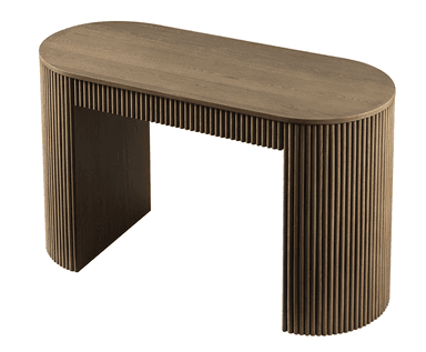 A contemporary semicircular console table crafted from light-toned wood. It features a smooth, half-moon shaped tabletop and two robust, fluted pedestal-style supports that are also rounded on their outer faces, creating a unified and textural aesthetic. The design is minimalist yet detailed, with a consistent wood grain visible across all surfaces. — 3D model