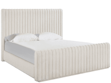 A contemporary upholstered platform bed featuring a tall headboard and a lower footboard, both distinguished by vertical channel tufting. The entire bed frame, including the side rails, is upholstered in a light beige, textured fabric. The design integrates a platform for mattress support, eliminating the need for a box spring. The headboard has subtly rounded upper corners, and the footboard continues the channel-tufted pattern. — 3D model