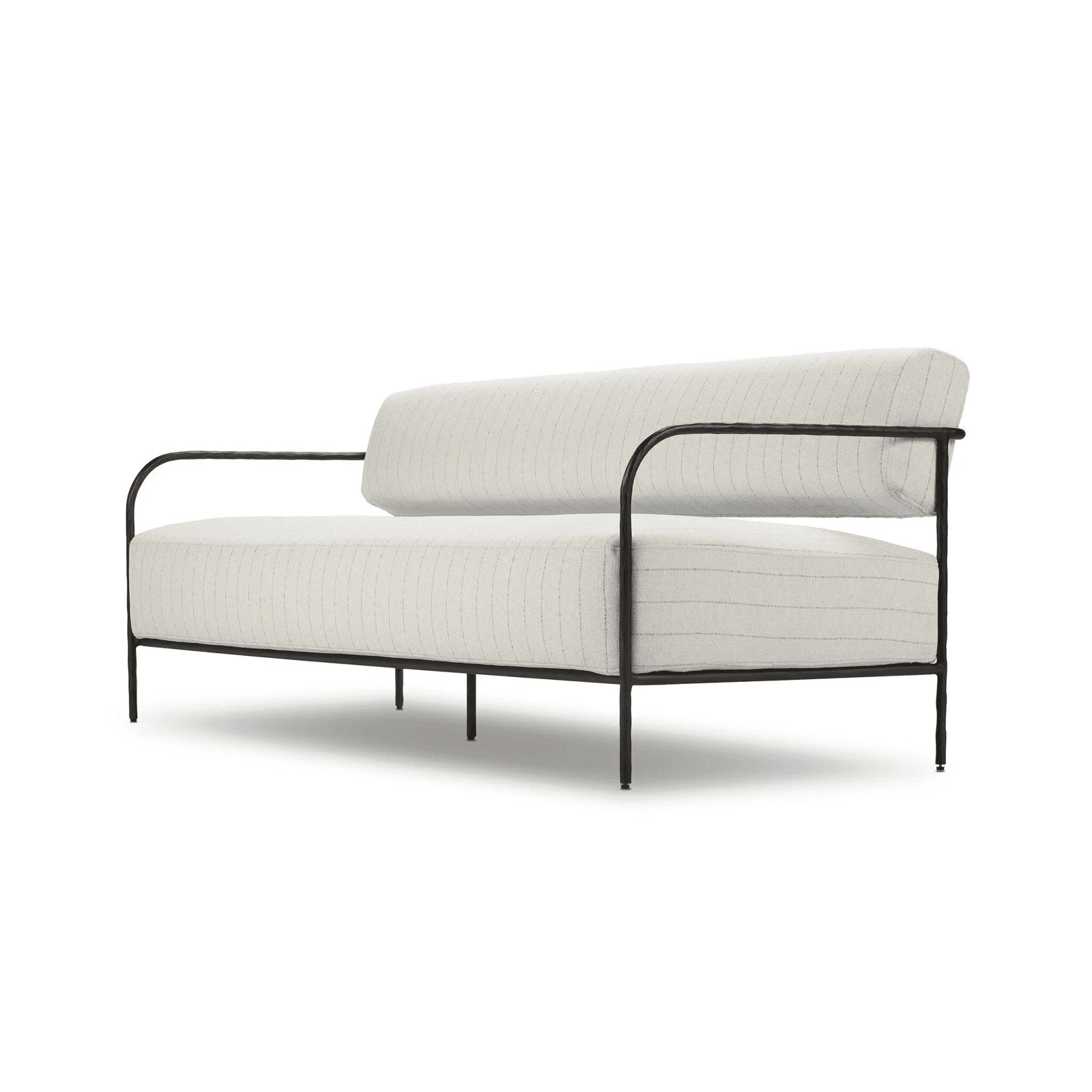 A two-seater upholstered loveseat featuring an exposed black metal frame and light pinstriped fabric cushions. — 3D model