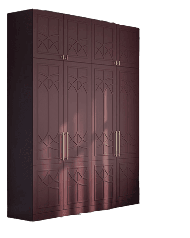 A tall, multi-door wardrobe with a dark burgundy finish. It features decorative paneling with geometric patterns on the doors and a set of four long, brass-colored handles. The wardrobe appears to have at least six doors, divided into two sections vertically and three sections horizontally. The upper section has four smaller doors, and the lower section has four larger doors. The overall design suggests a modern interpretation of classic aesthetics. — 3D model