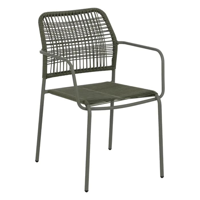 A modern armchair with a grey metal frame and woven rope seating and backrest. The seat and back are constructed from tightly woven dark green rope, creating a textured surface. The frame consists of four slender legs, curved armrests, and a rectangular back support, all finished in a matte grey. — 3D model