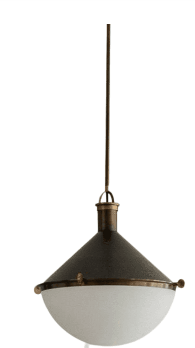 A contemporary pendant light featuring a dark gray or bronze conical metal shade accented with brass rings and hardware, encasing a spherical opal glass diffuser at the bottom. It is suspended by a slender brass rod. — 3D model