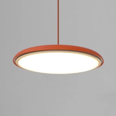 A modern, minimalist white disc-shaped pendant light suspended from a ceiling rod. It features an integrated light source providing downward illumination through a wide diffuser. — 3D model