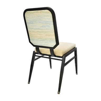 A contemporary metal banquet chair featuring a dark-colored metal frame with upholstered seat and backrest. The seat is a solid light beige color, while the backrest features a light patterned fabric with subtle blue and green tones. The legs are tapered and equipped with glides. — 3D model